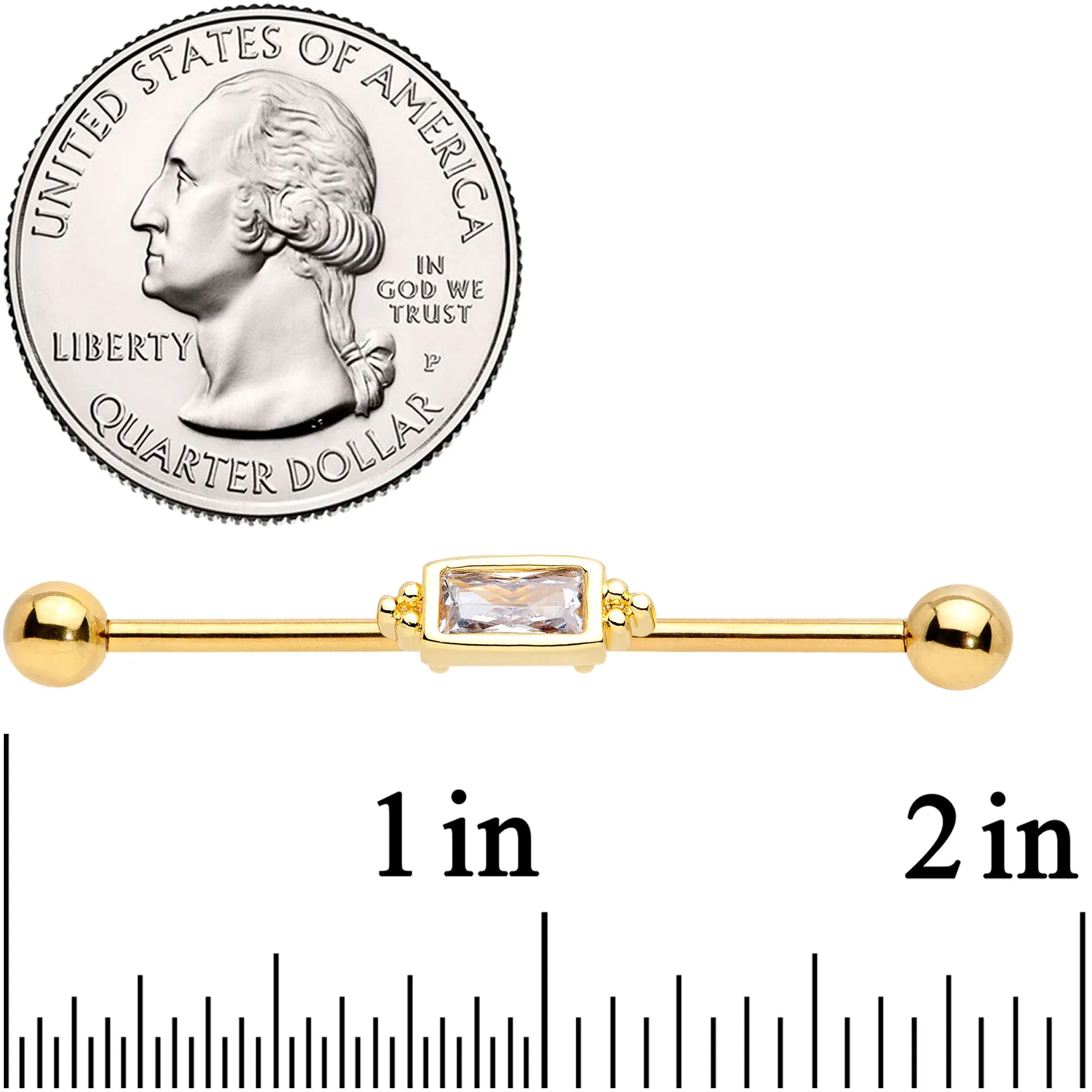 14 Gauge Clear CZ Gem Gold Tone Oblong Industrial Barbell 38mm