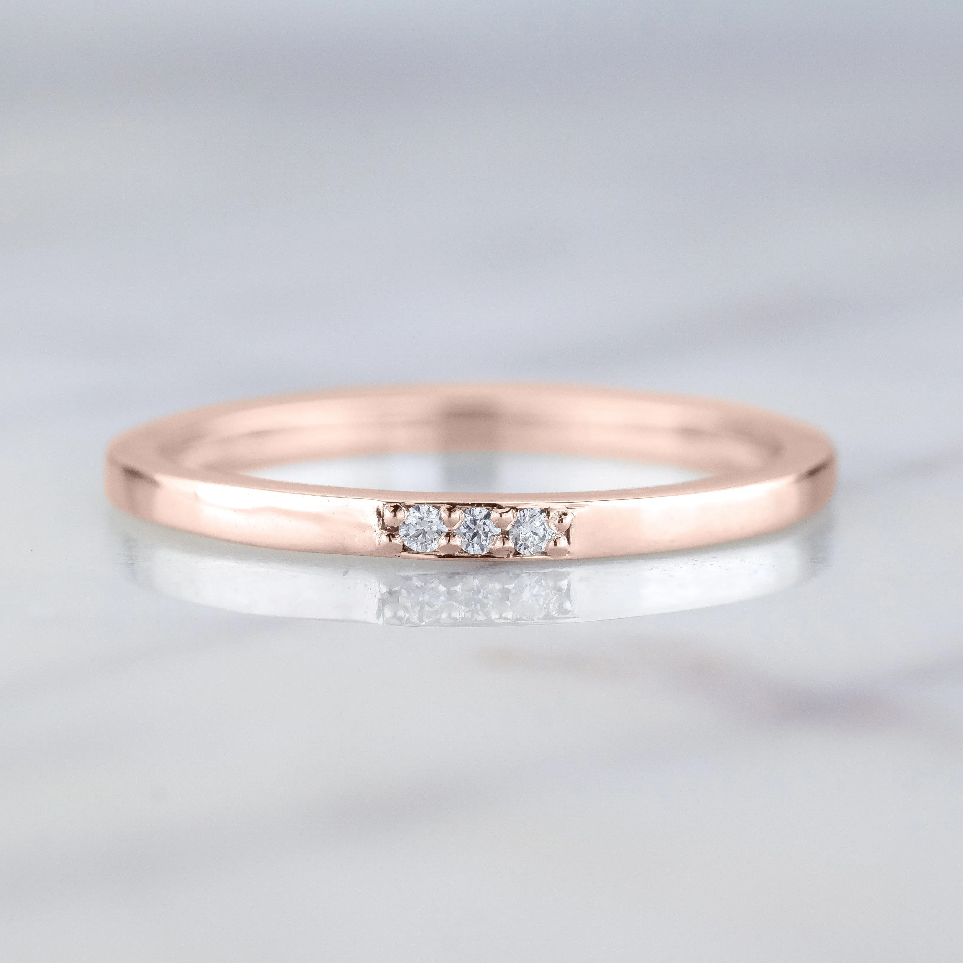 14k Rose Gold 3 Diamond Wedding Band, Rectangle Style