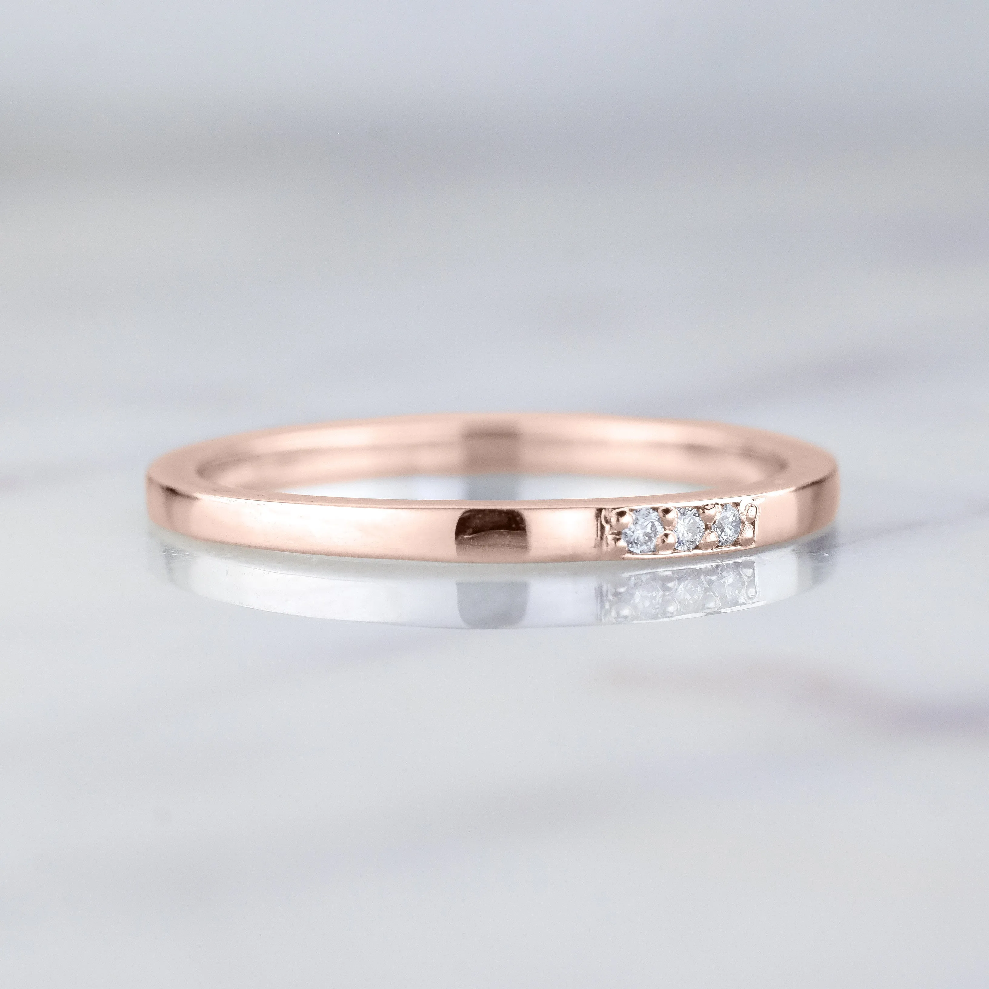 14k Rose Gold 3 Diamond Wedding Band, Rectangle Style