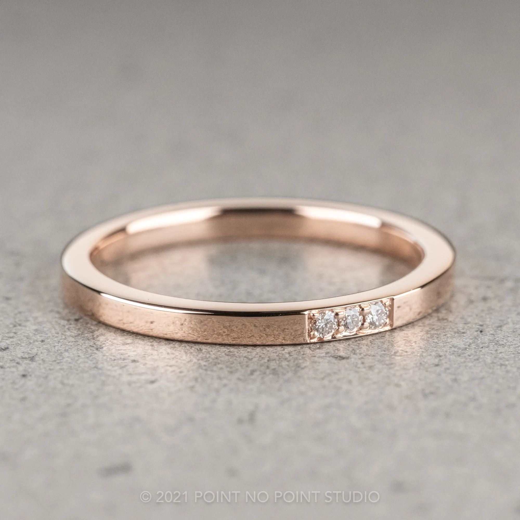 14k Rose Gold 3 Diamond Wedding Band, Rectangle Style