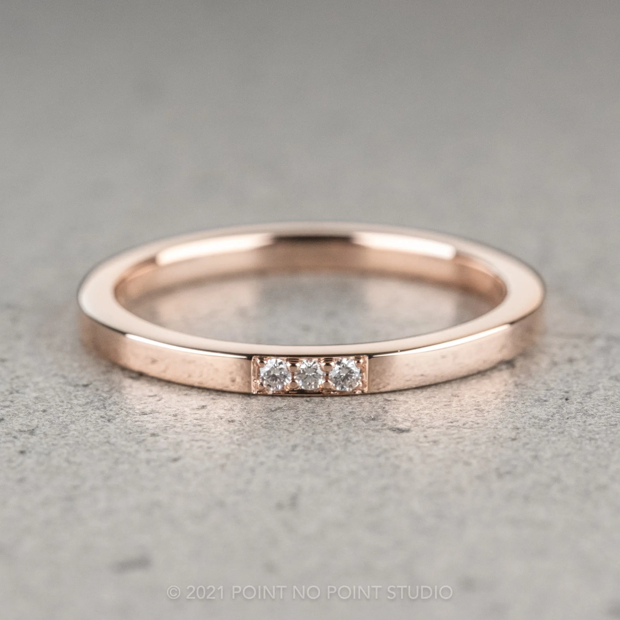 14k Rose Gold 3 Diamond Wedding Band, Rectangle Style