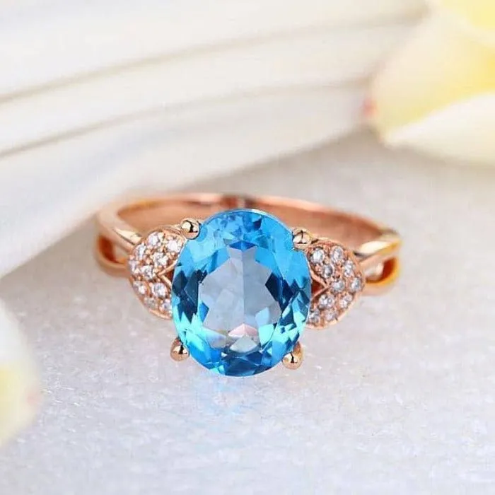 14K Rose Gold 3.5ct Swiss Blue Topaz & Natural Diamond Ring