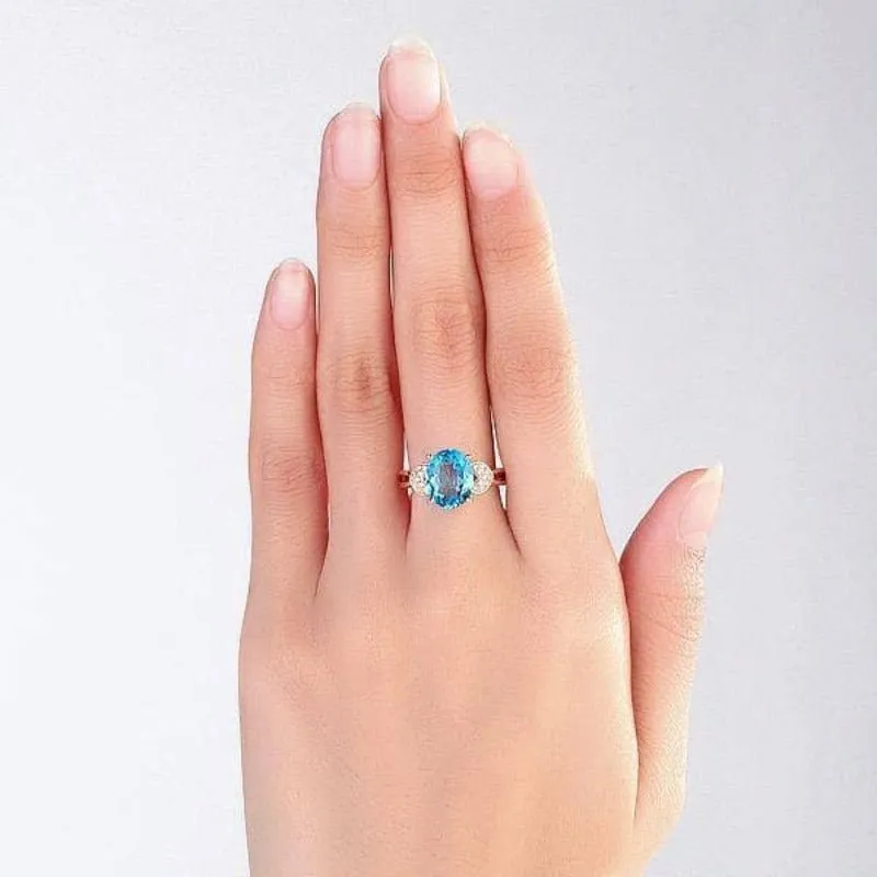14K Rose Gold 3.5ct Swiss Blue Topaz & Natural Diamond Ring