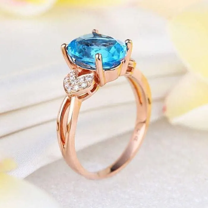 14K Rose Gold 3.5ct Swiss Blue Topaz & Natural Diamond Ring