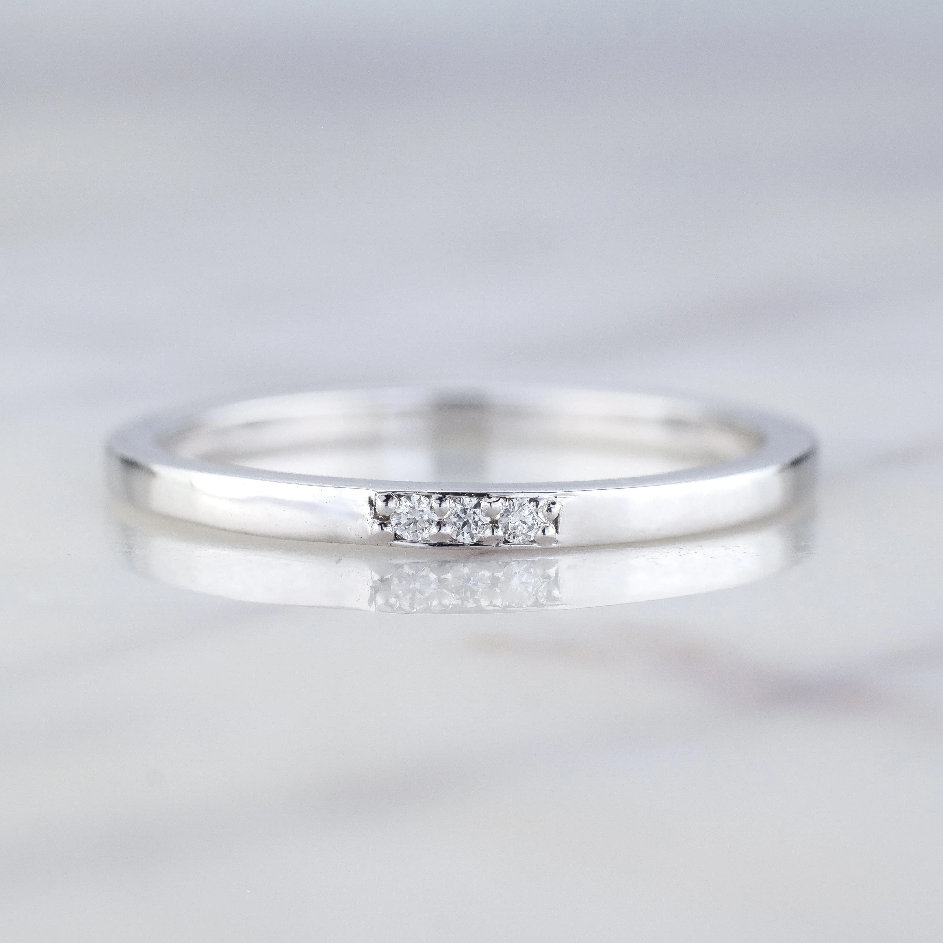 14k White Gold 3 Diamond Wedding Band, Rectangle Style