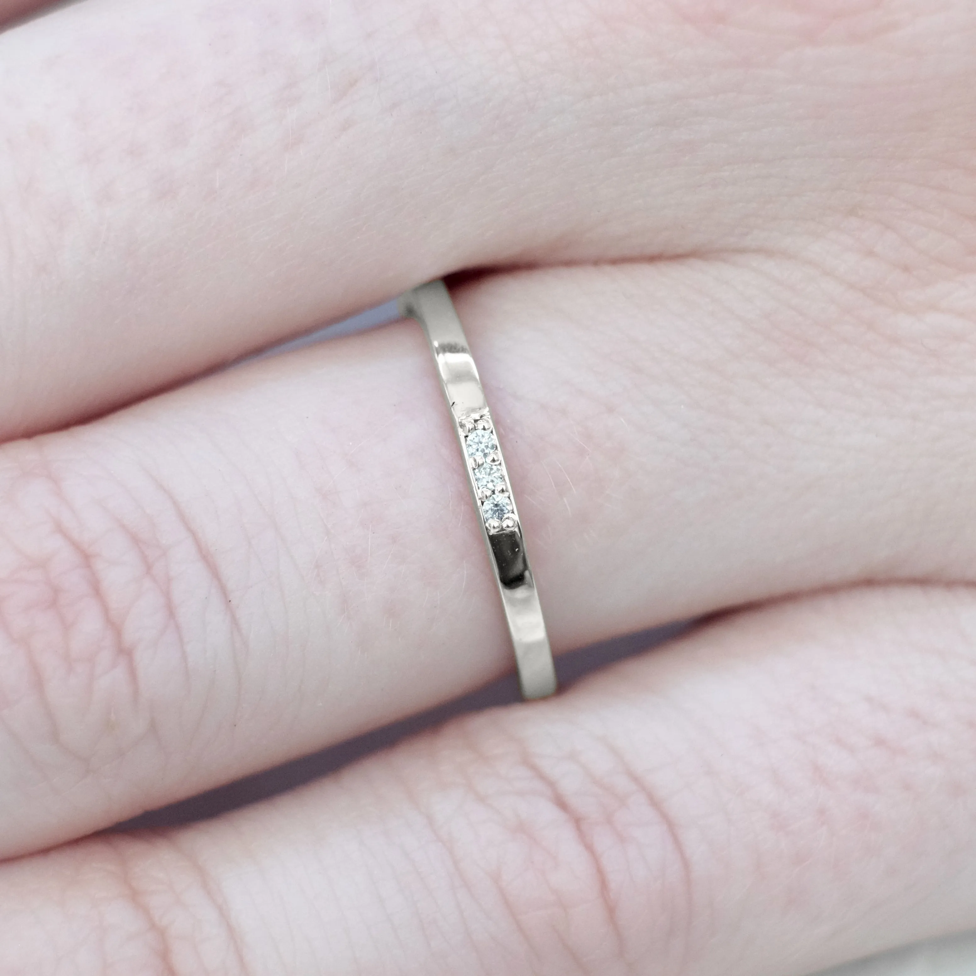 14k White Gold 3 Diamond Wedding Band, Rectangle Style