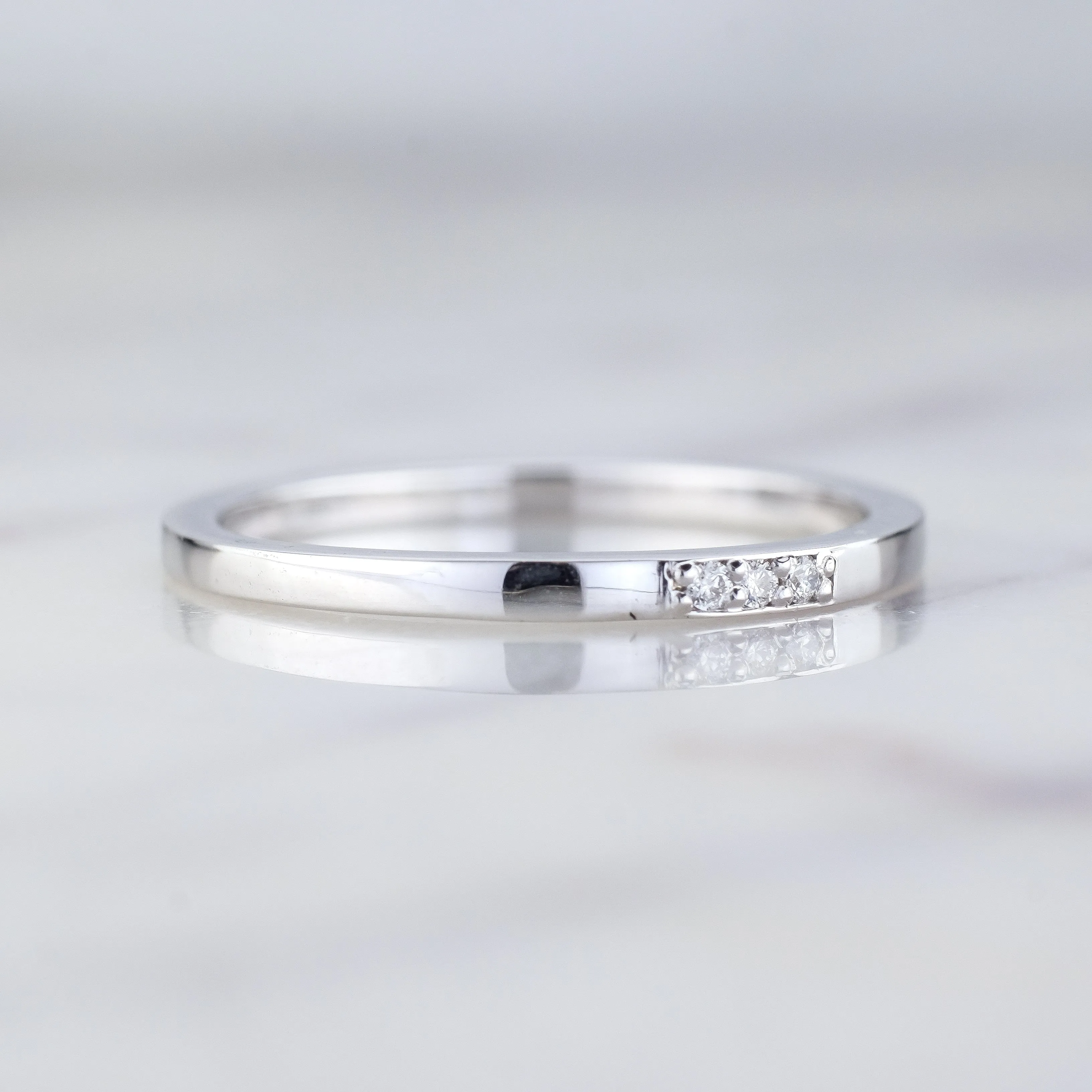 14k White Gold 3 Diamond Wedding Band, Rectangle Style
