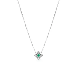 14K White Gold Diamond Emerald Square Filigree Art Deco Necklace