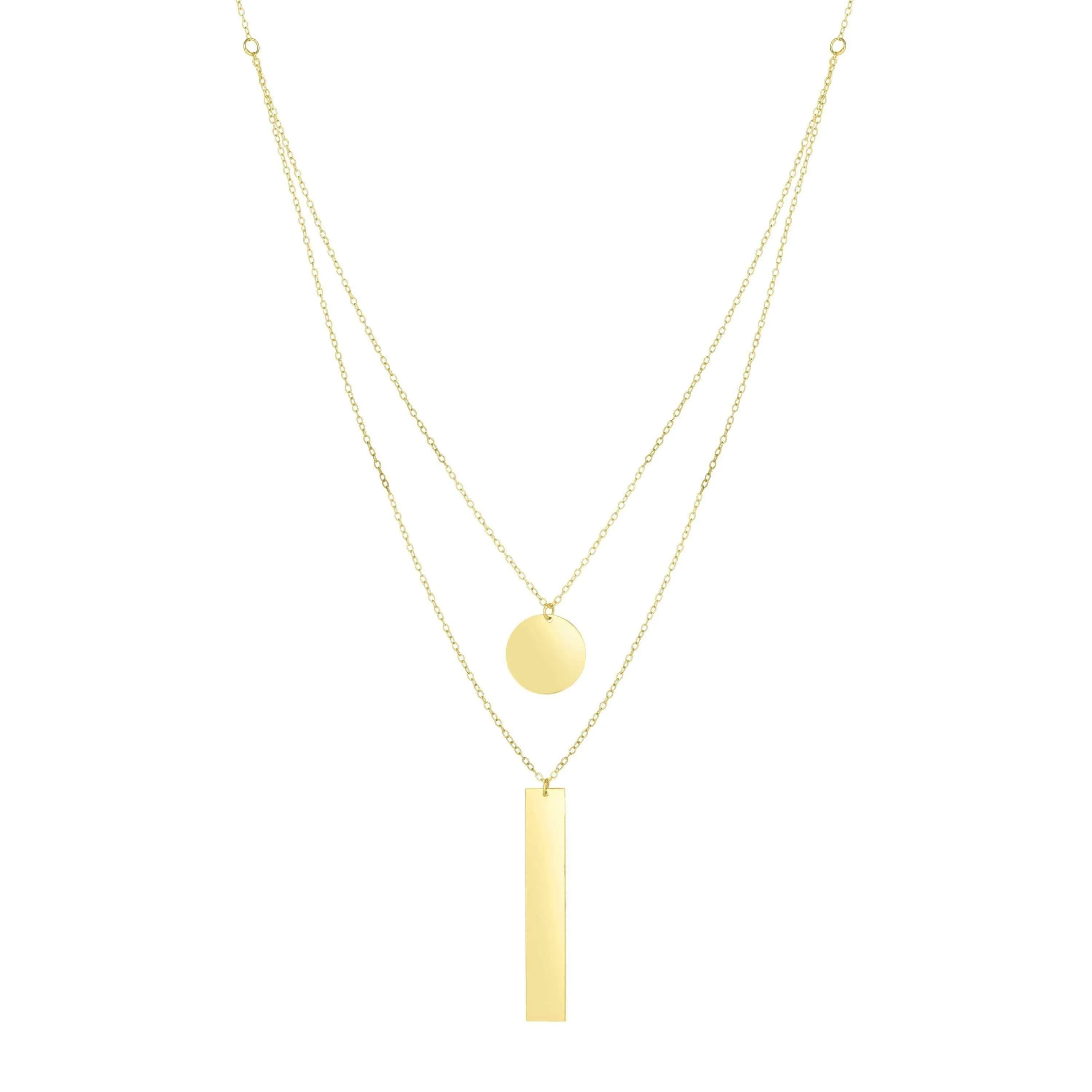 14K Yellow Gold Polished Disc & Rectangle Dual Layered Necklace