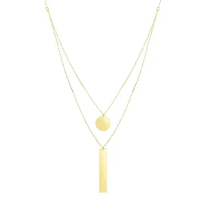 14K Yellow Gold Polished Disc & Rectangle Dual Layered Necklace
