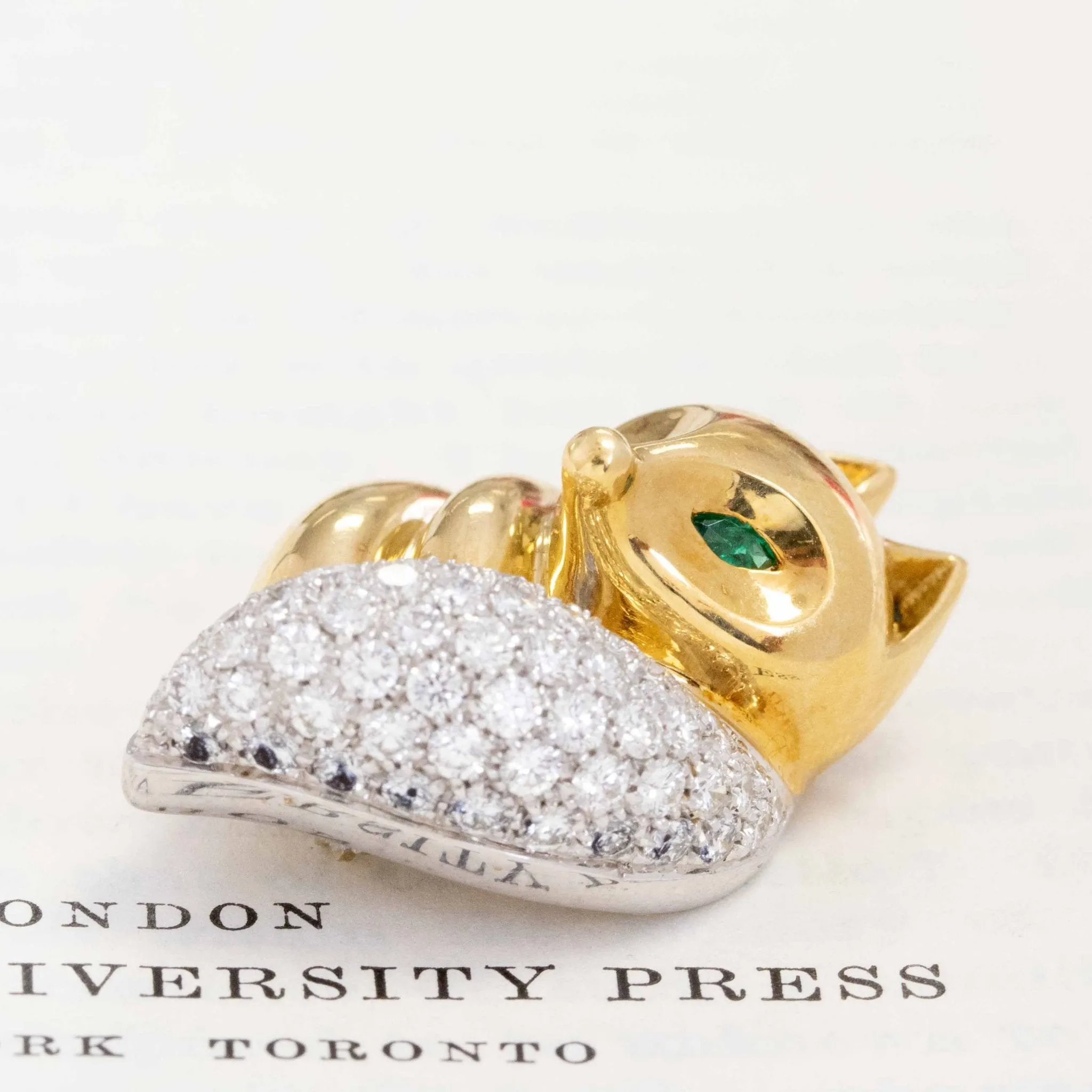 1.53ctw Diamond & Emerald Fox Brooch Italian