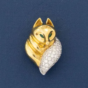 1.53ctw Diamond & Emerald Fox Brooch Italian
