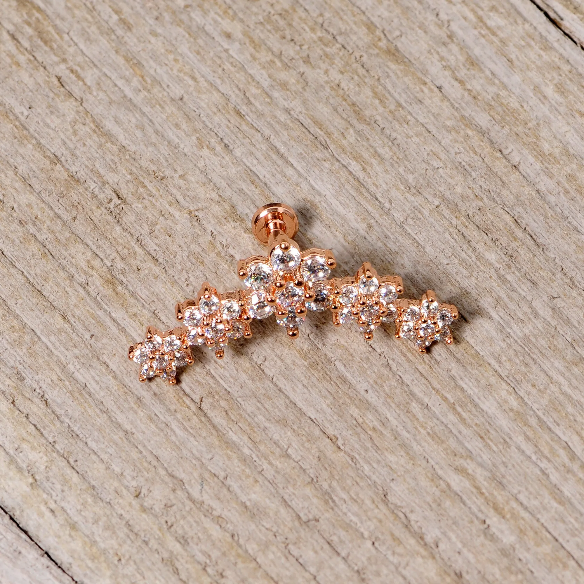 16 Gauge 1/4 Clear CZ Gem Rose Gold Tone Floral Internal Thread Labret