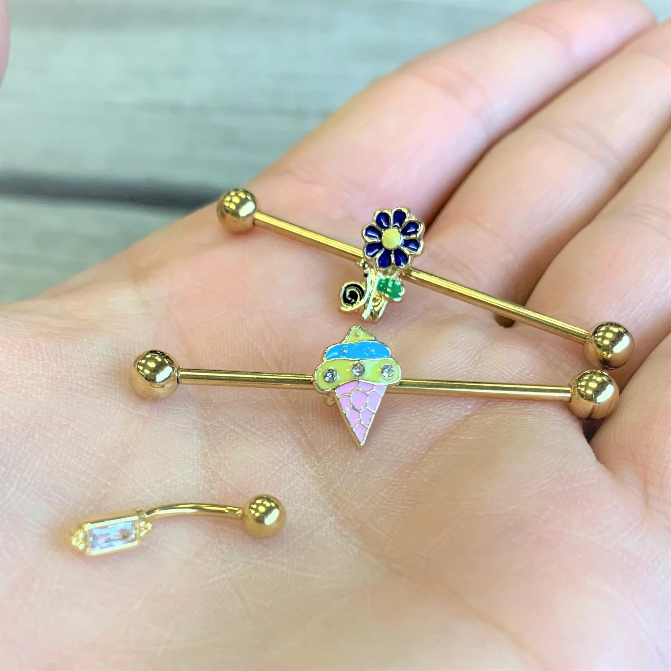 16 Gauge 5/16 Clear CZ Gem Gold Tone Rectangle Curved Eyebrow Ring