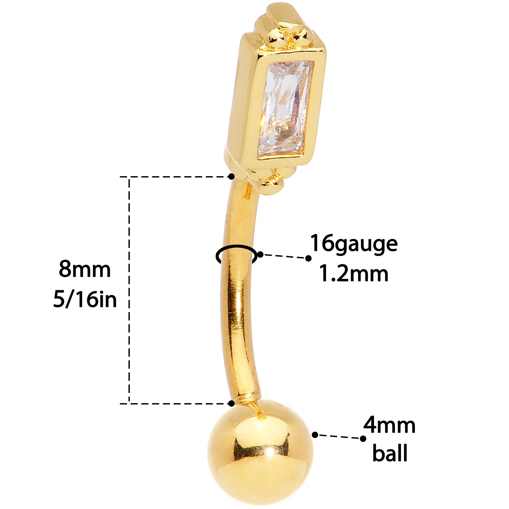 16 Gauge 5/16 Clear CZ Gem Gold Tone Rectangle Curved Eyebrow Ring