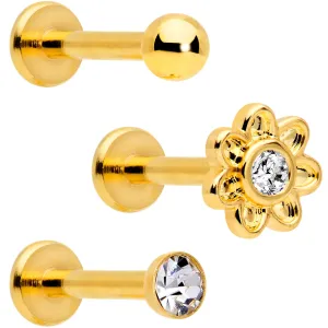 16 Gauge Clear Gem Gold Tone Internally Threaded Rose Flower Labret Set