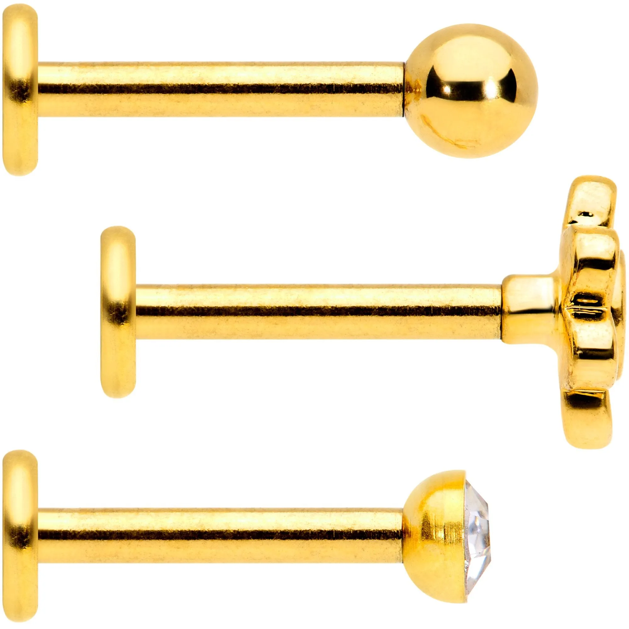 16 Gauge Clear Gem Gold Tone Internally Threaded Rose Flower Labret Set