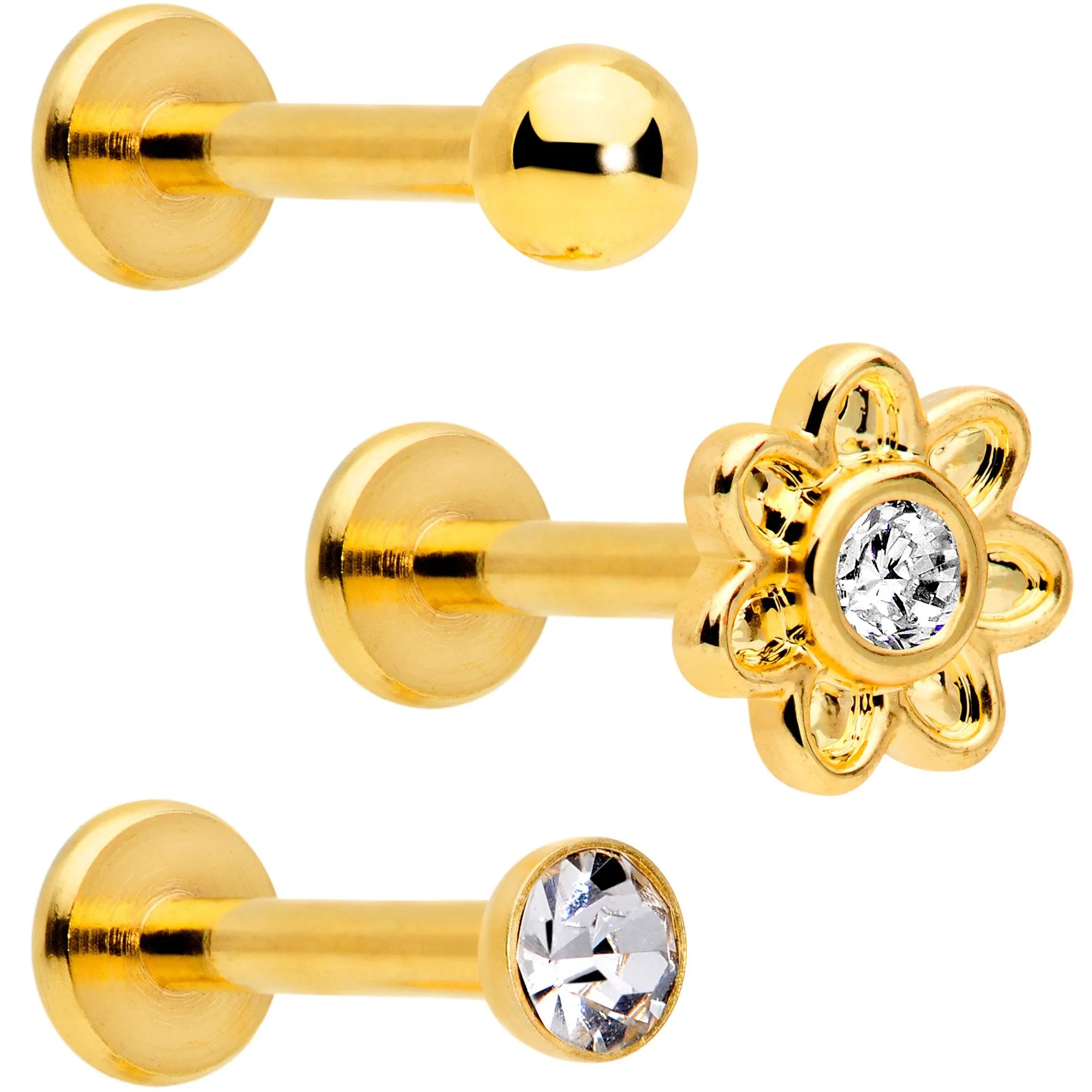 16 Gauge Clear Gem Gold Tone Internally Threaded Rose Flower Labret Set