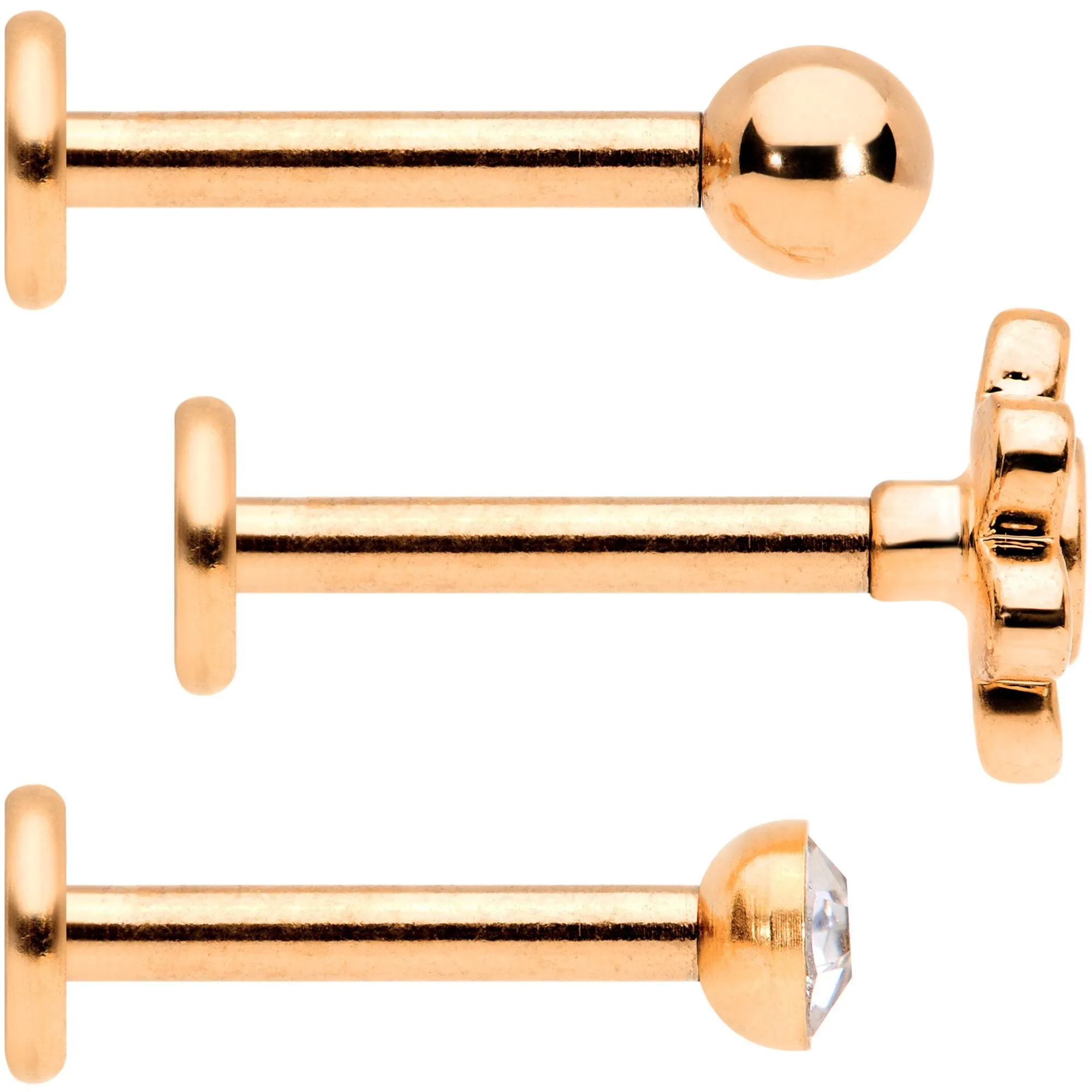 16 Gauge Clear Gem Rose Gold Tone Internally Threaded Rose Labret Set