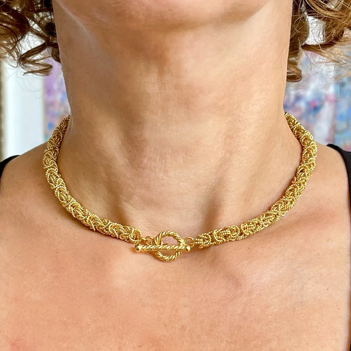 16" Handcrafted 24K Champagne Gold Vermeil 6mm Byzantine Choker with Toggle Clasp