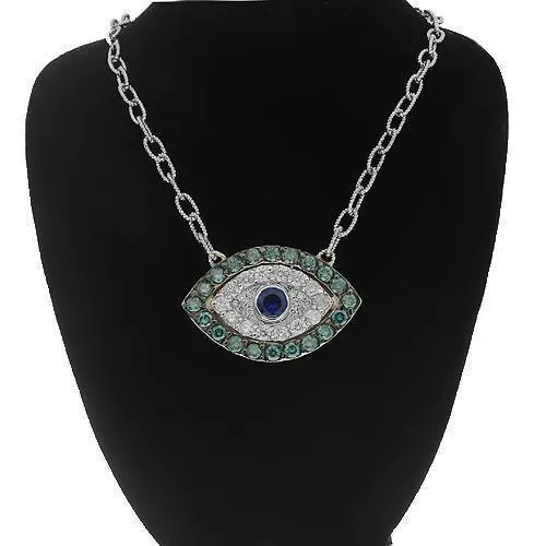 18K Solid White Gold Diamond Custom Womens Evil Eye Pendant with Blue Diamonds and Sapphires
