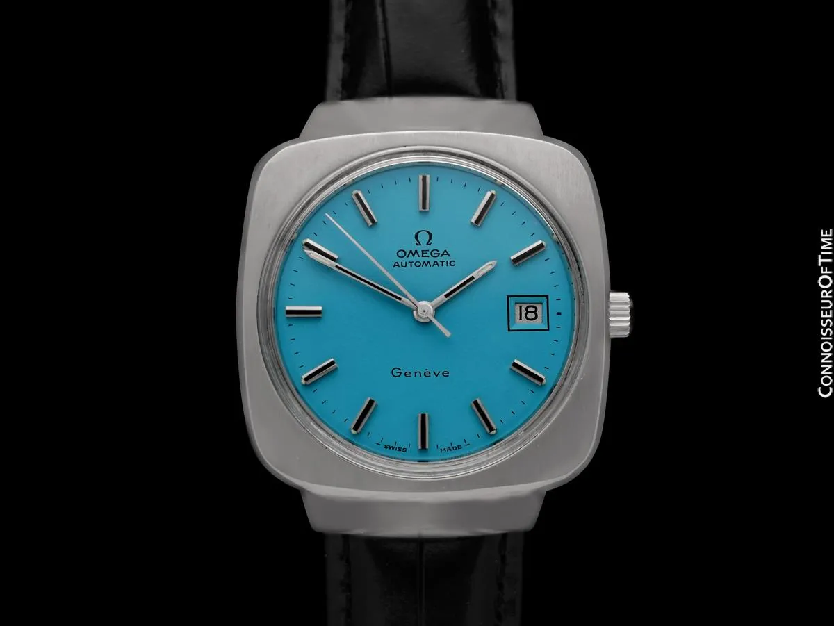 1973 Omega De Ville Mens Large Retro Dress TV Shaped Watch with Pacific Blue Dial - Stainless Steel
