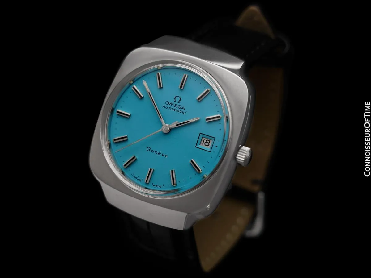 1973 Omega De Ville Mens Large Retro Dress TV Shaped Watch with Pacific Blue Dial - Stainless Steel