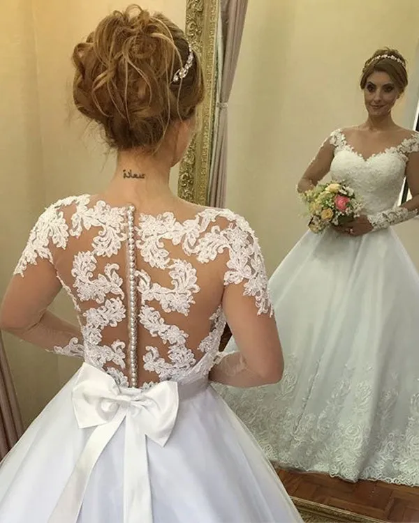 2019 Sexy Lace Wedding Dresses Sheer Long Sleeve Appliques Elegant Wedding Gowns with Bow