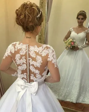 2019 Sexy Lace Wedding Dresses Sheer Long Sleeve Appliques Elegant Wedding Gowns with Bow