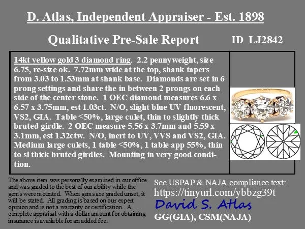 2.35ctw Vintage Old European Cut Diamond Trilogy Ring