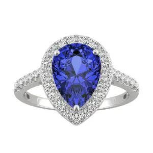 2.98 CTW DEW Pear Sapphire Halo Ring in 14K White Gold