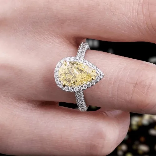 3.0ct Halo Pear Cut Simulated Diamond Yellow Sapphire Engagement Ring