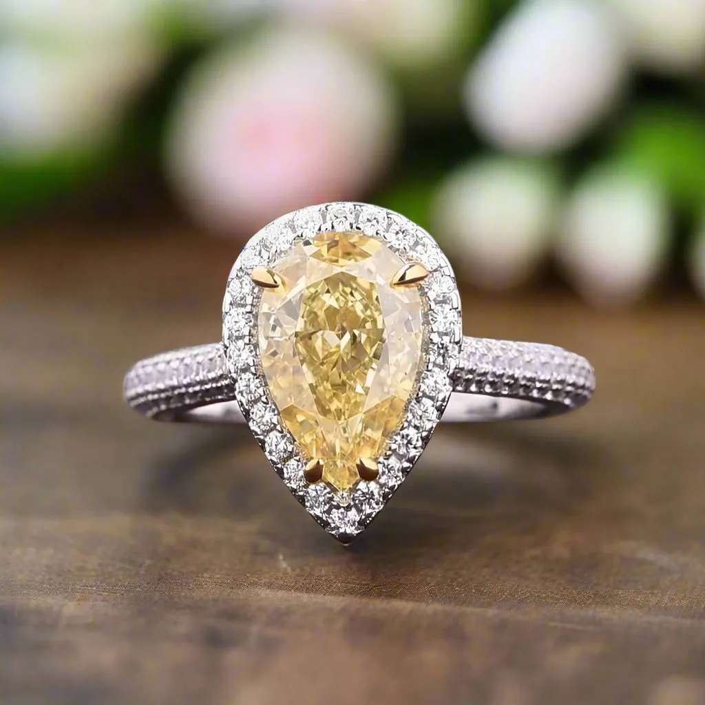 3.0ct Halo Pear Cut Simulated Diamond Yellow Sapphire Engagement Ring
