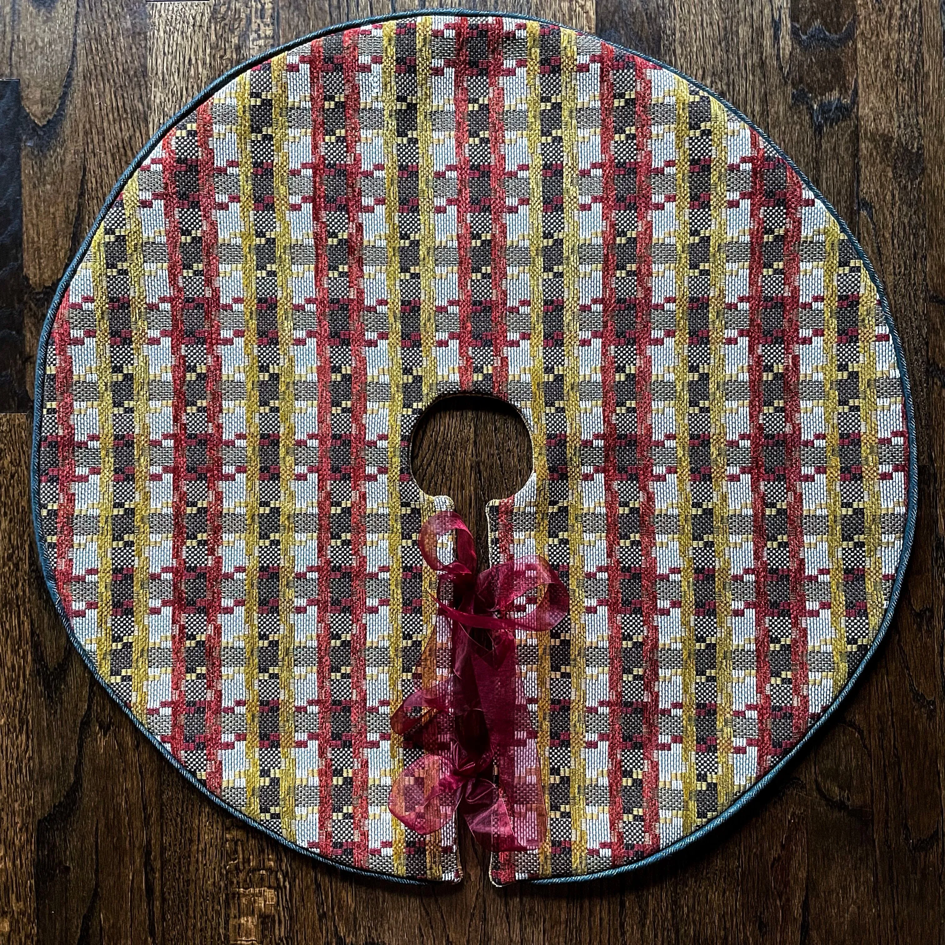 30" Elegant Farmhouse Gold, Red, Blue, White Plaid Christmas Tree Skirt | Reversible