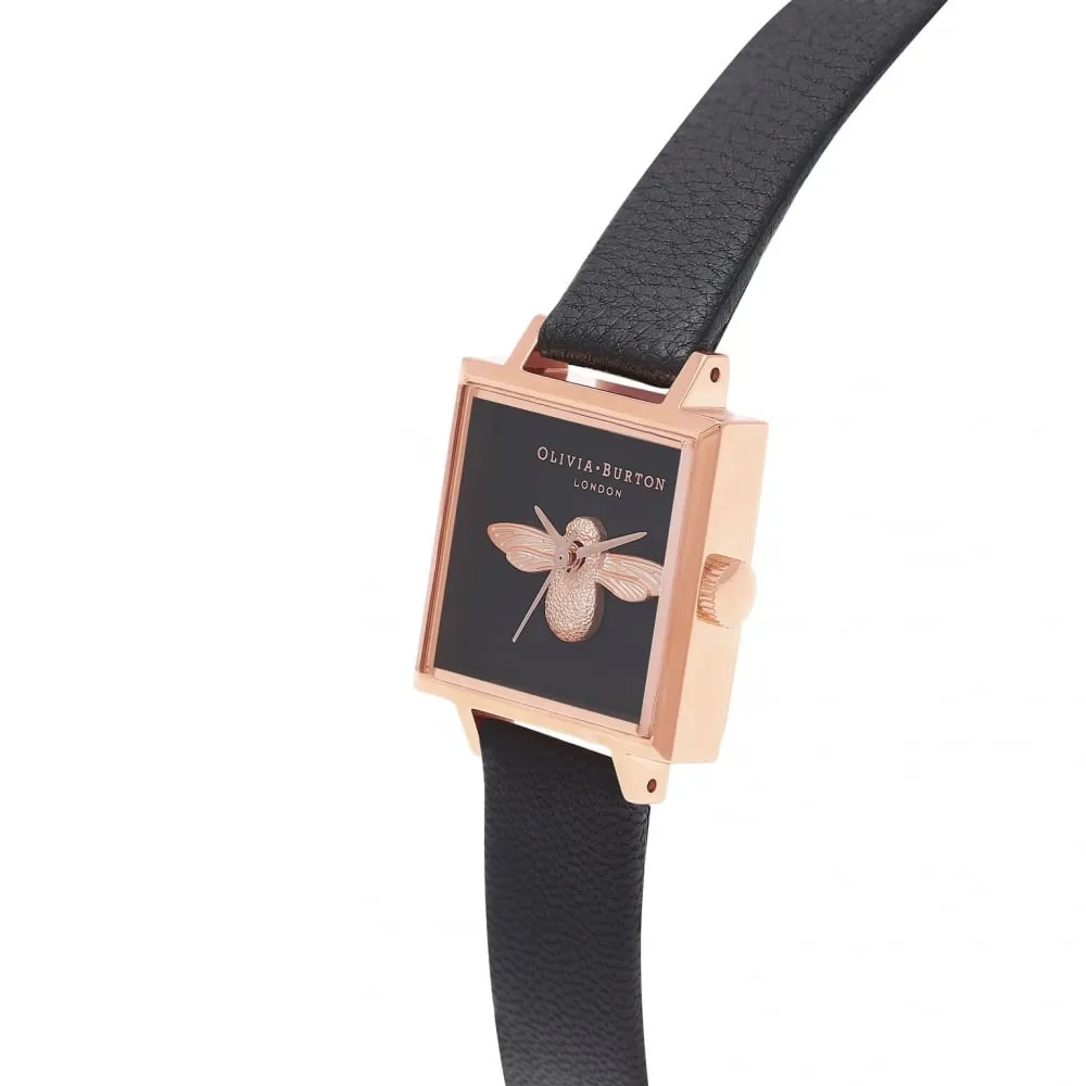 3D Bee Square Dial Black and Rose Gold Watch