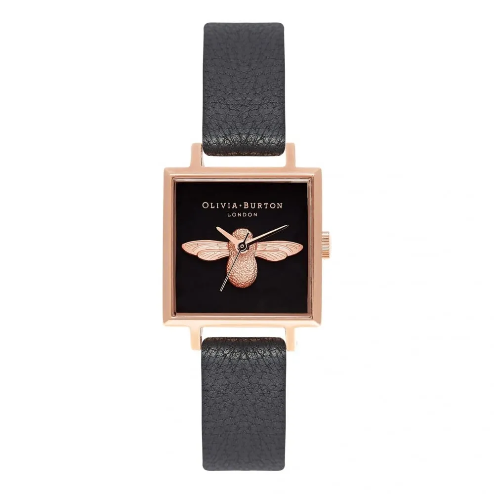 3D Bee Square Dial Black and Rose Gold Watch