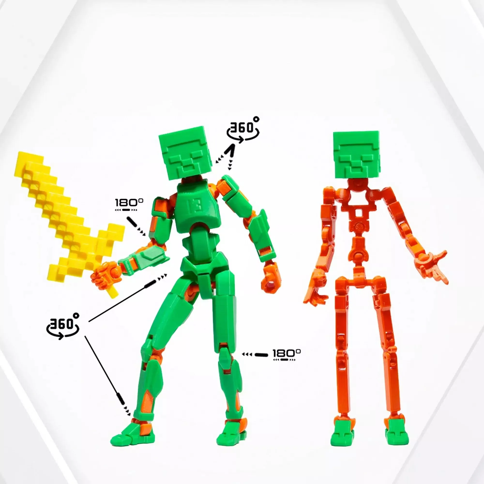 3D Figurină robot R13: tip Minecraft, verde-portocaliu