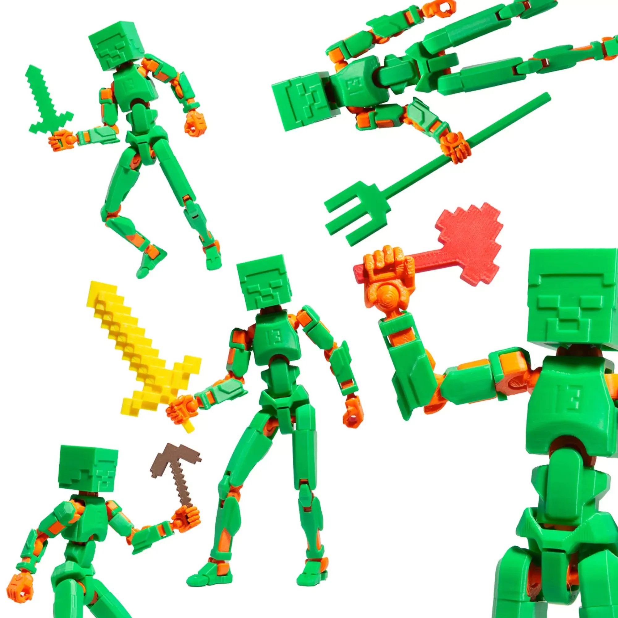 3D Figurină robot R13: tip Minecraft, verde-portocaliu