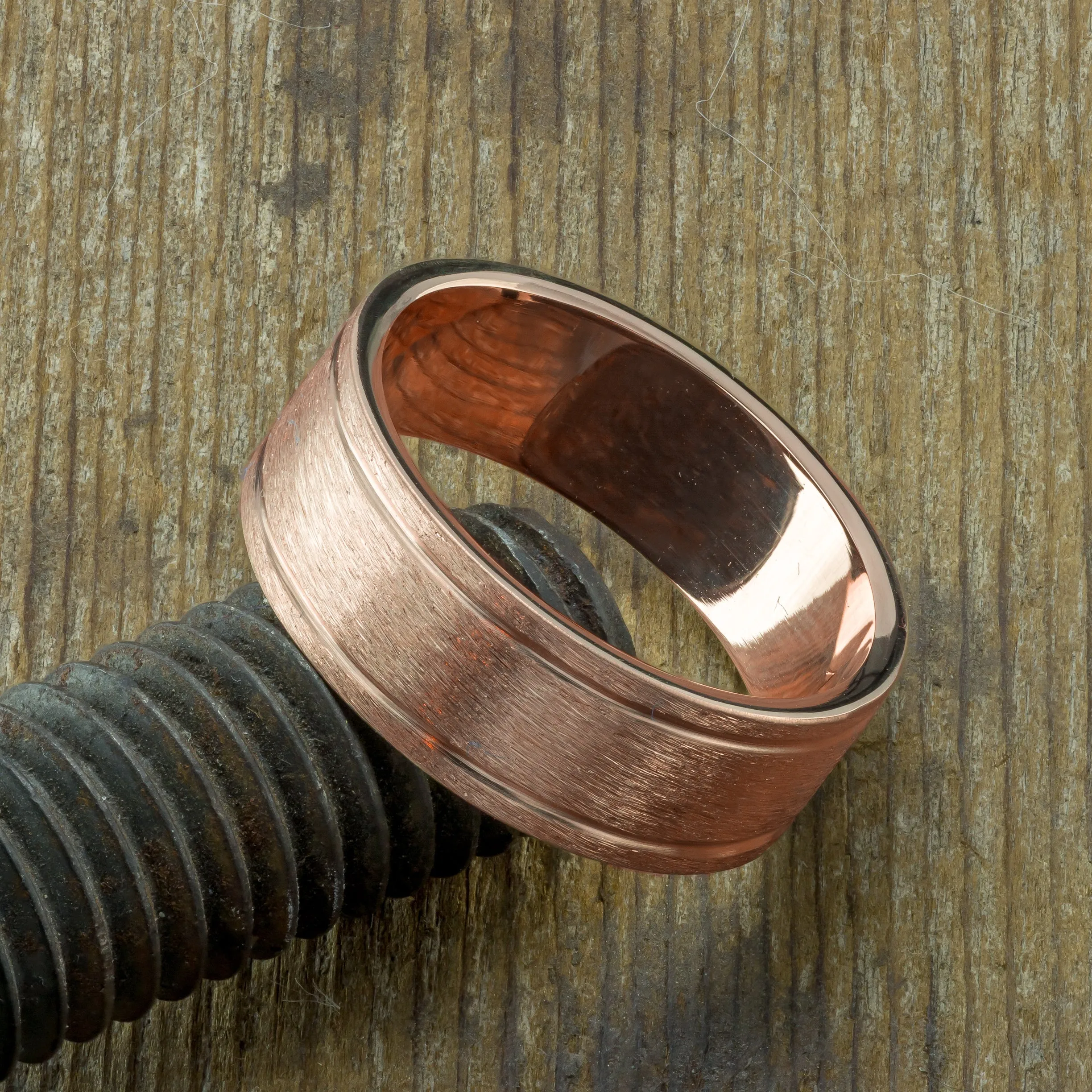 8mm 14k Rose Gold Mens Double Channel Ring, Brushed Matte
