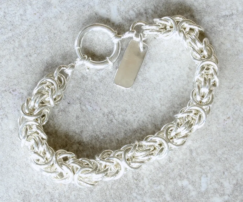 9.2mm Sterling Silver Byzantine Link Bracelet with 18mm Sterling Spring Ring Clasp