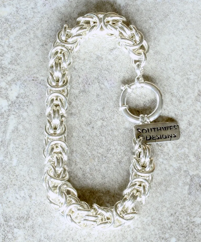 9.2mm Sterling Silver Byzantine Link Bracelet with 18mm Sterling Spring Ring Clasp