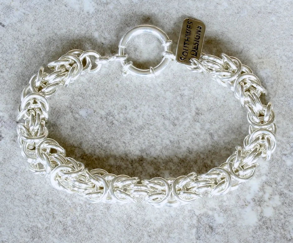 9.2mm Sterling Silver Byzantine Link Bracelet with 18mm Sterling Spring Ring Clasp