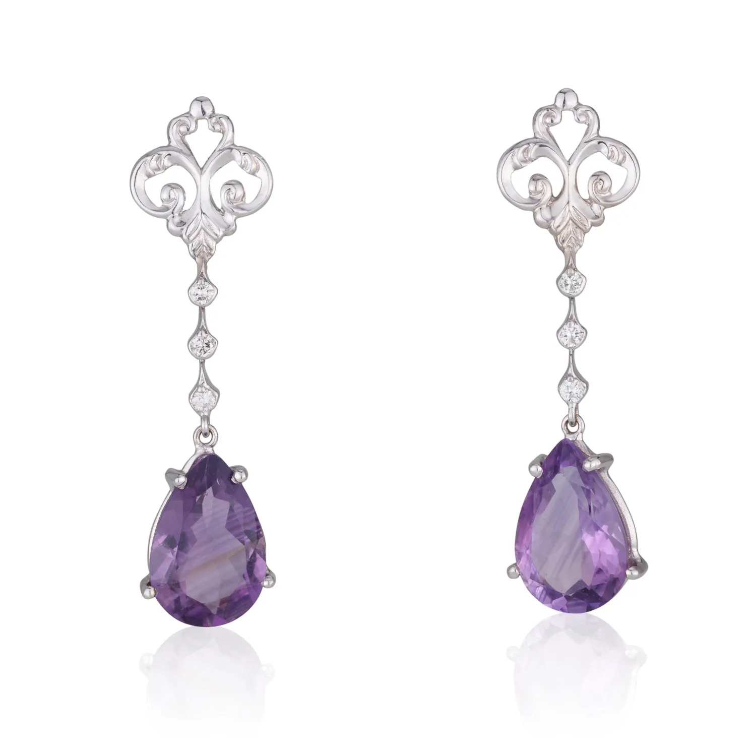 Alexa diamonds set studs with dangling Amethyst teardrops