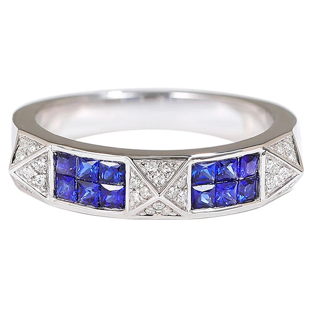 Alternating Diamond Sapphire Pave Pyramid Shape Ring