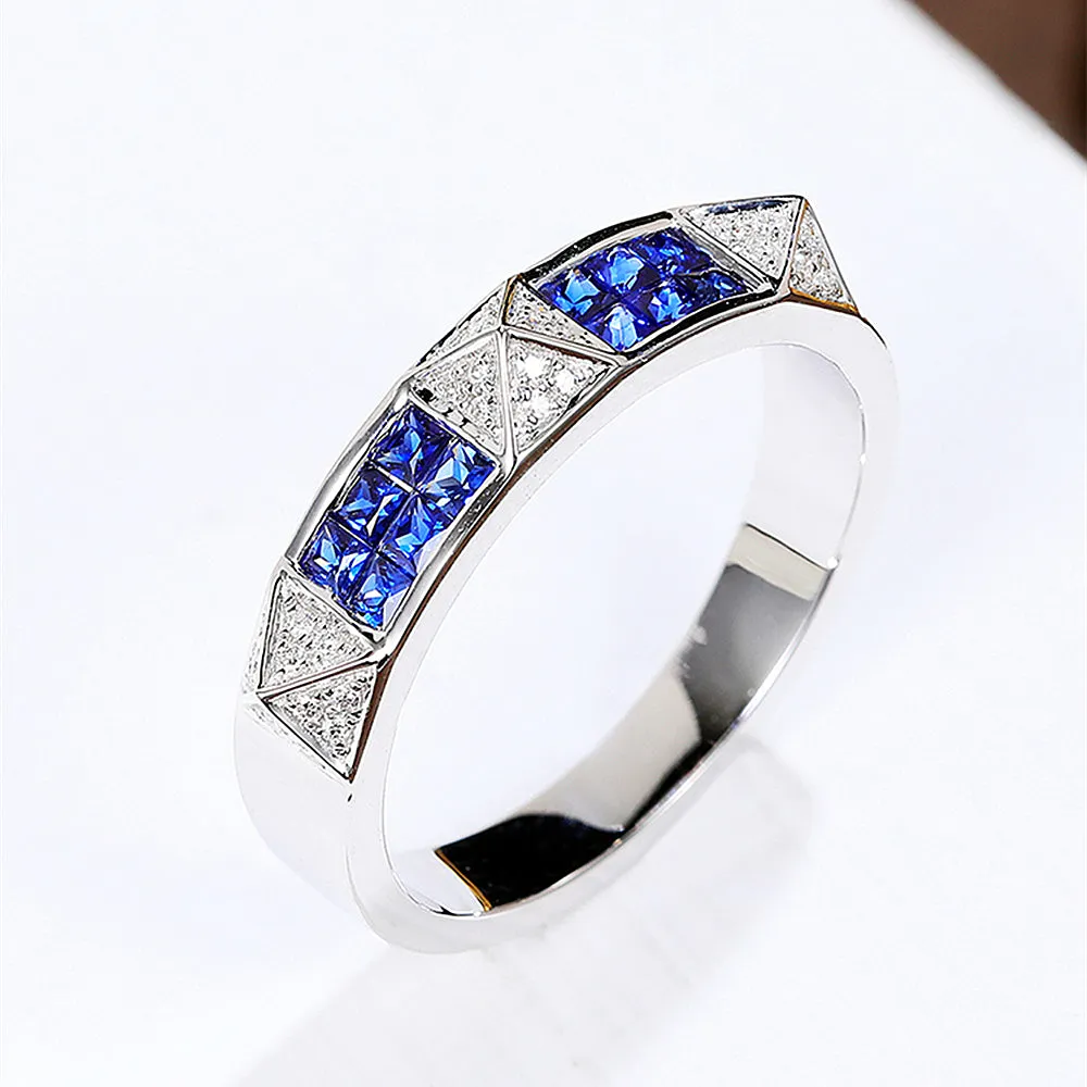 Alternating Diamond Sapphire Pave Pyramid Shape Ring