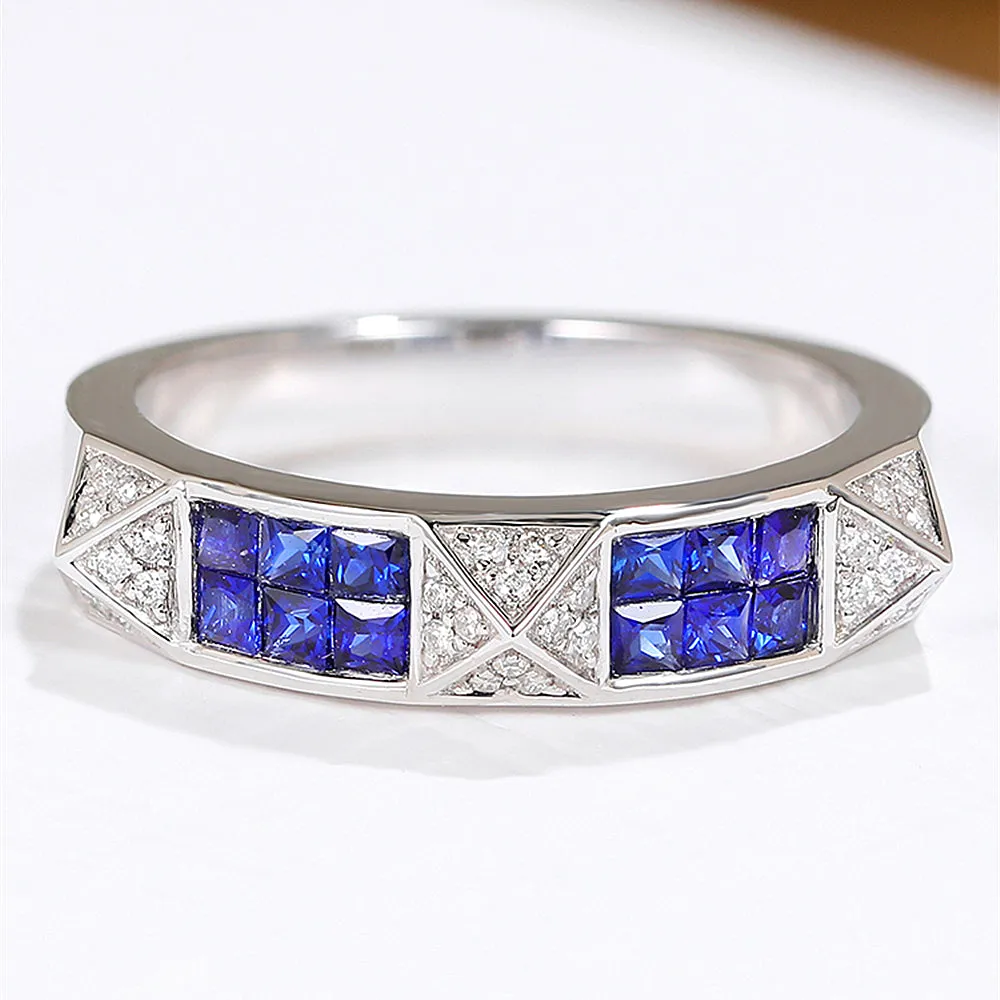 Alternating Diamond Sapphire Pave Pyramid Shape Ring