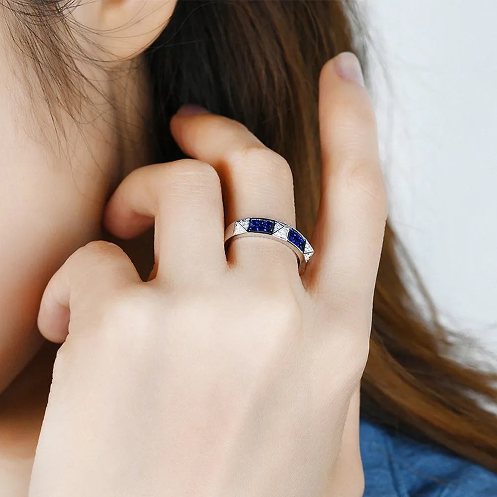 Alternating Diamond Sapphire Pave Pyramid Shape Ring