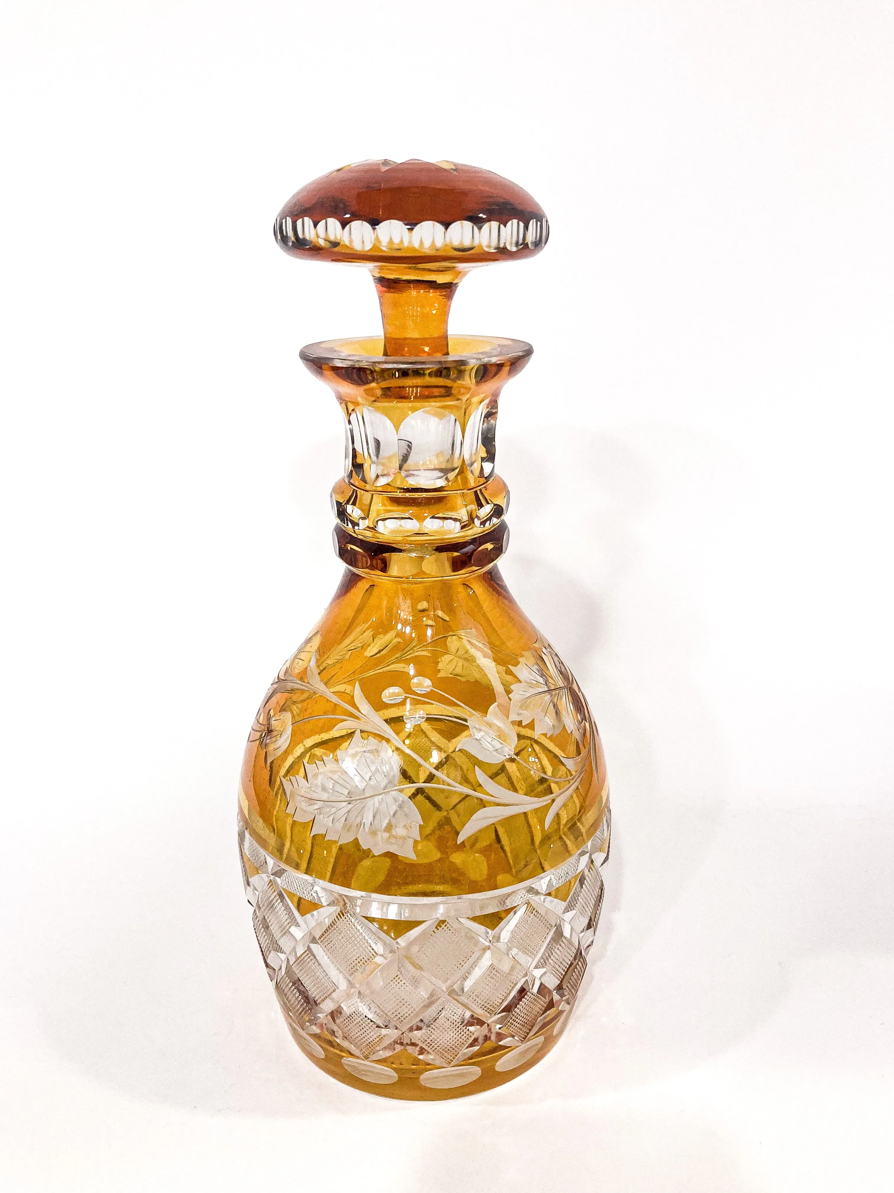 Antique Amber Glass Cut To Clear Floral Vine Motif Mushroom Top Decanter