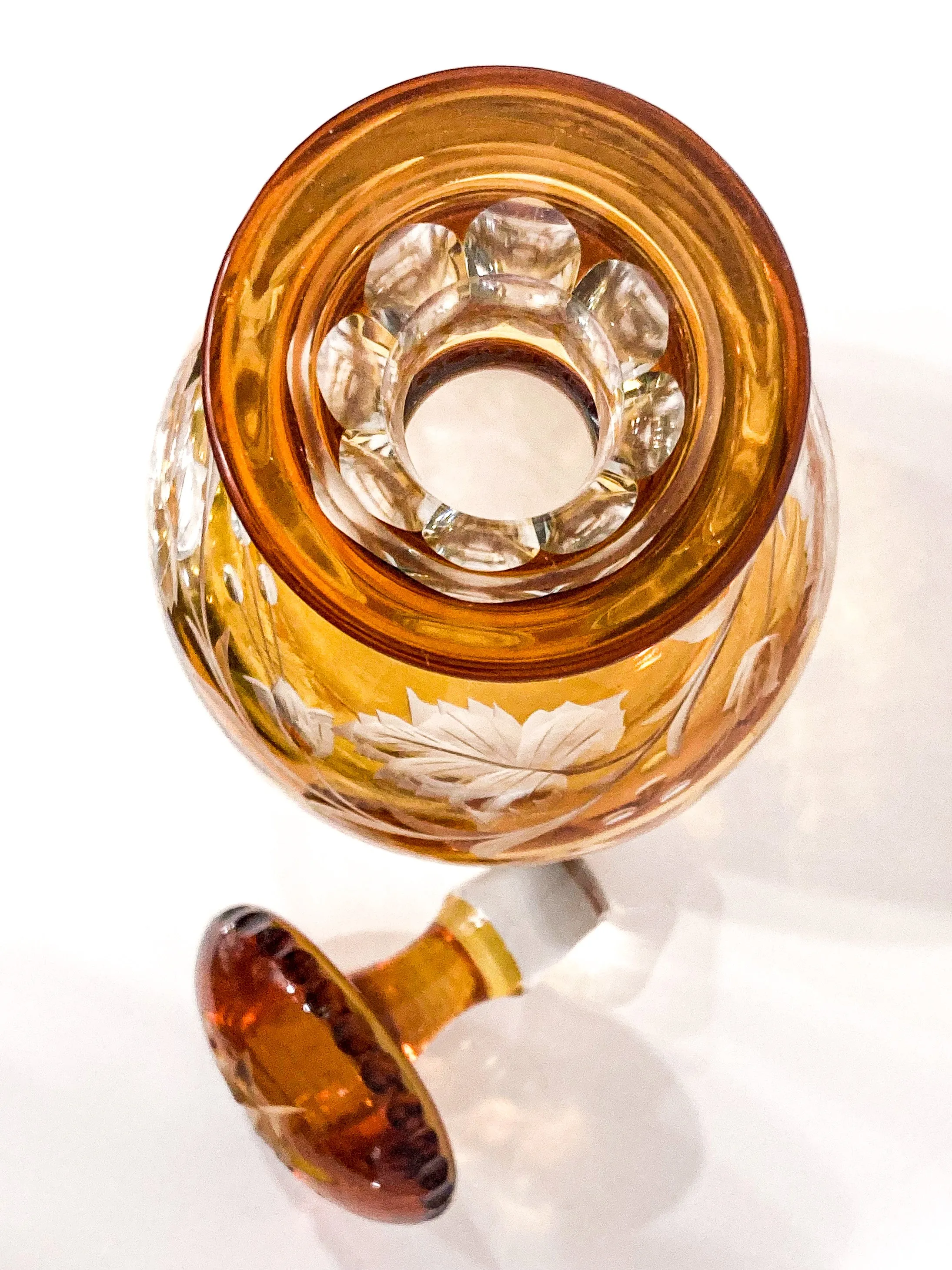 Antique Amber Glass Cut To Clear Floral Vine Motif Mushroom Top Decanter
