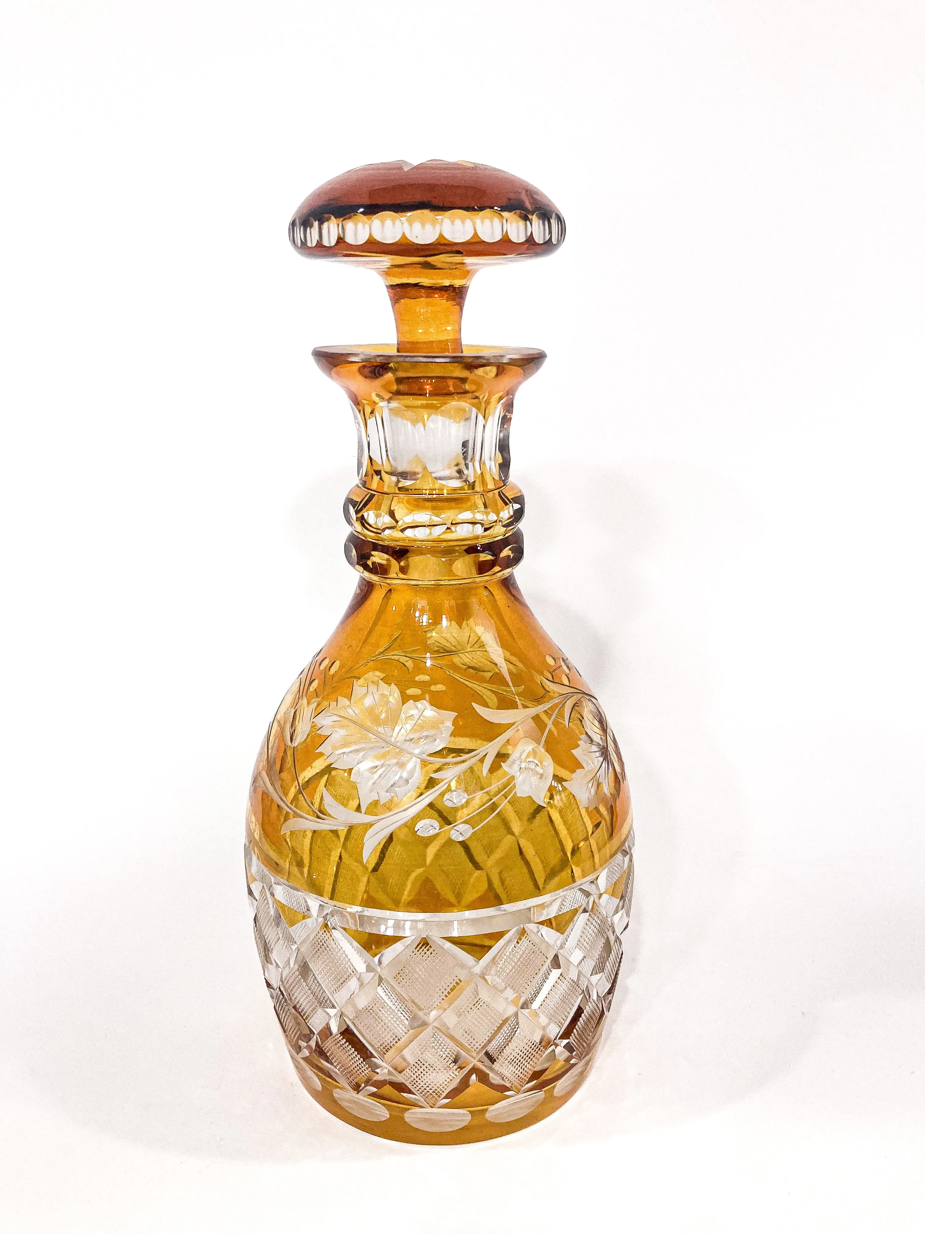 Antique Amber Glass Cut To Clear Floral Vine Motif Mushroom Top Decanter